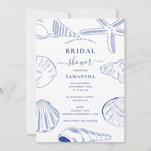 Blue White Sea Shells Beach Zomer Vrijgezellenfees Kaart (Voorkant)