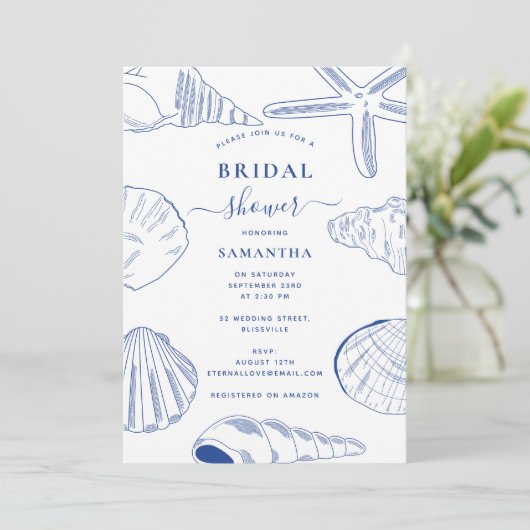 Blue White Sea Shells Beach Zomer Vrijgezellenfees Kaart (Staand voorkant)