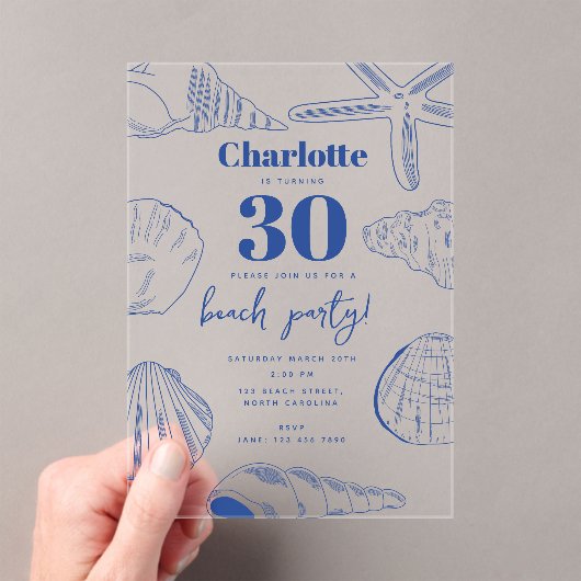 Blue White Sea Shells Beach Zomerverjaardagsfeest Acryl Uitnodigingen (Insitu (Draagbaar))