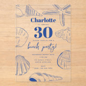 Blue White Sea Shells Beach Zomerverjaardagsfeest Acryl Uitnodigingen (Voorkant)