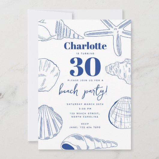 Blue White Sea Shells Beach Zomerverjaardagsfeest Kaart (Voorkant)