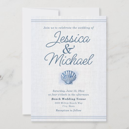 Blue White Seashell Nautical Beach Wedding Kaart (Voorkant)