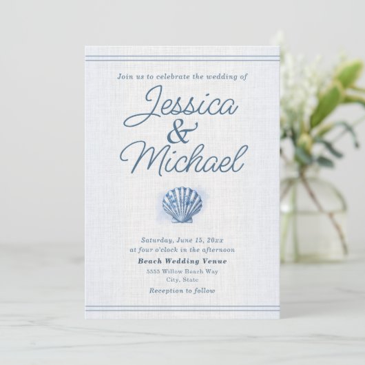 Blue White Seashell Nautical Beach Wedding Kaart (Staand voorkant)