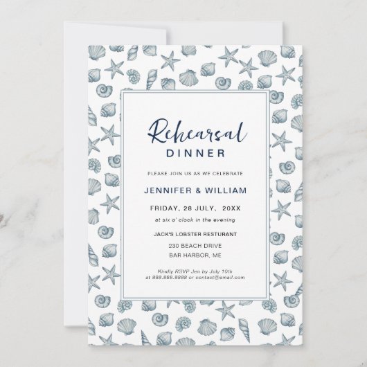 Blue & White Seashell repetitie diner Aankondiging (Voorkant)