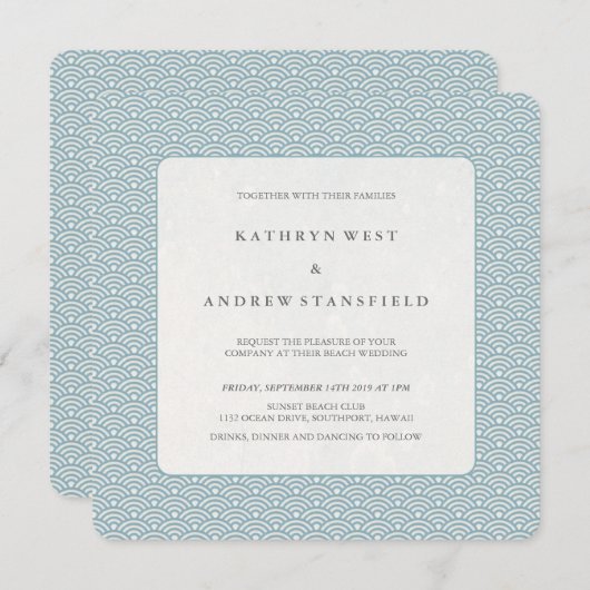 Blue + White Seigaiha Pattern Wedding Invitation Kaart (Voorkant / Achterkant)