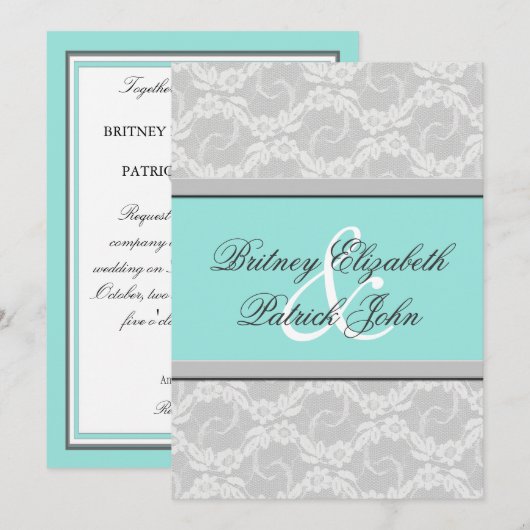 Blue White Silver Lace Wedding Invitations Kaart (Voorkant / Achterkant)