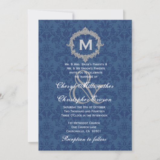 Blue White Silver  Monogram Wedding V013 Kaart (Voorkant)