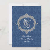 Blue White Silver  Monogram Wedding V013 Kaart (Achterkant)