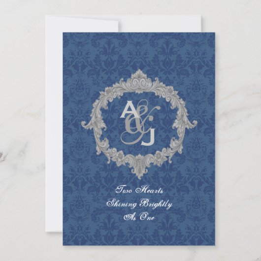 Blue White Silver  Monogram Wedding V013 Kaart (Achterkant)