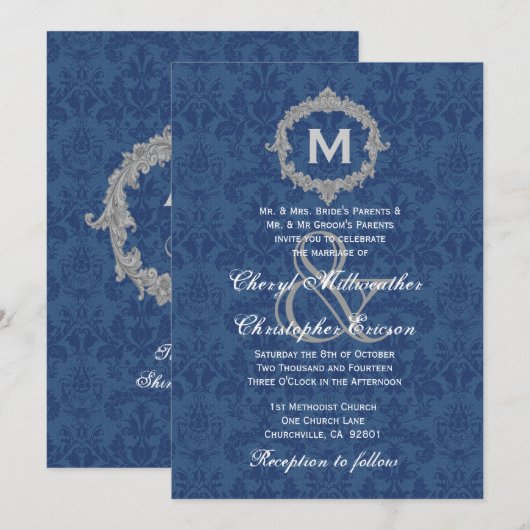 Blue White Silver  Monogram Wedding V013 Kaart (Voorkant / Achterkant)