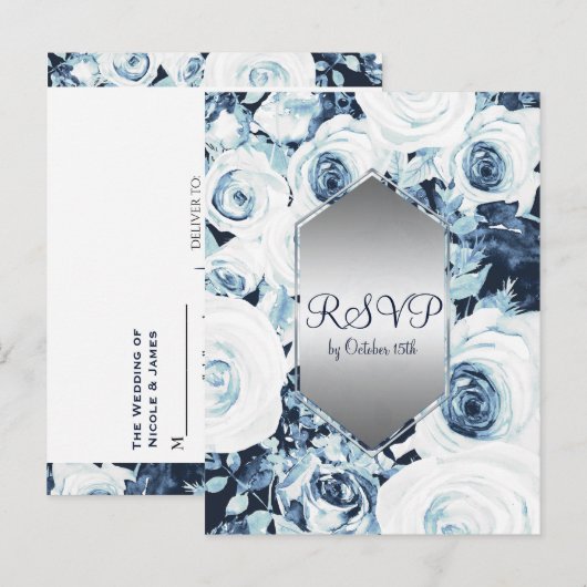 Blue White Silver Winter Wedding Elegant RSVP Uitnodiging Briefkaart (Voorkant / Achterkant)