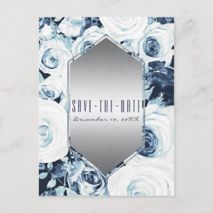 Blue White Silver Winter Wedding Save the Date Aankondigingskaart