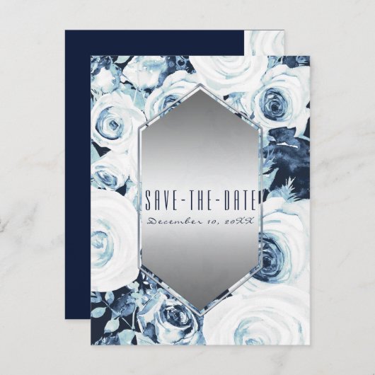 Blue White Silver Winter Wedding Save the Date Aankondigingskaart (Voorkant / Achterkant)