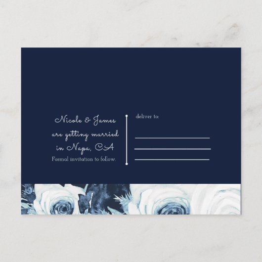Blue White Silver Winter Wedding Save the Date Aankondigingskaart (Achterkant)
