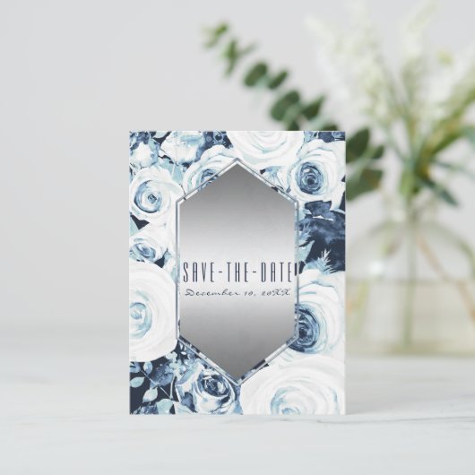 Blue White Silver Winter Wedding Save the Date Aankondigingskaart (Staand voorkant)