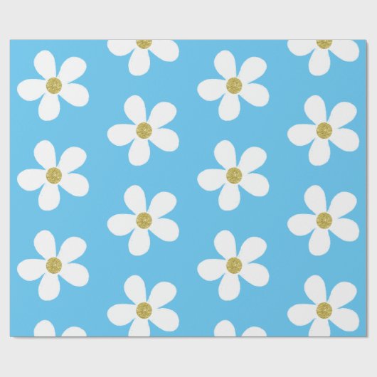 Blue White Simple Daisy Gold Cadeaupapier (Vlak)