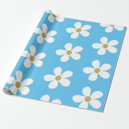 Blue White Simple Daisy Gold Cadeaupapier