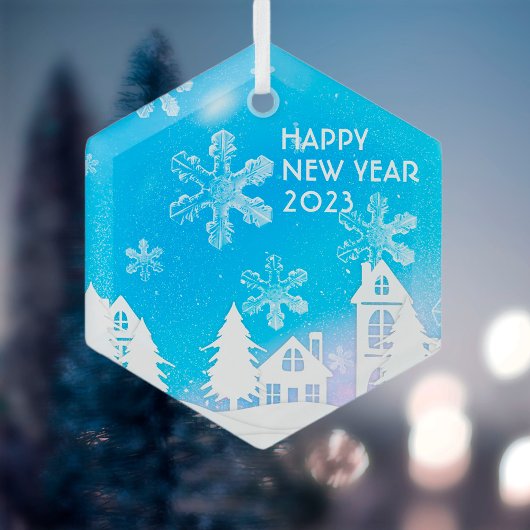 Blue White Snow House Happy New Year 2023 Glas Ornament