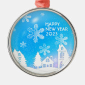 Blue White Snow House Happy New Year 2023 Metalen Ornament (Voorkant)