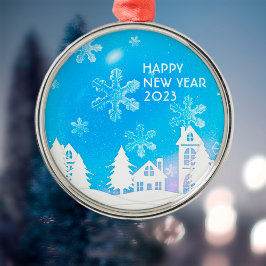 Blue White Snow House Happy New Year 2023 Metalen Ornament