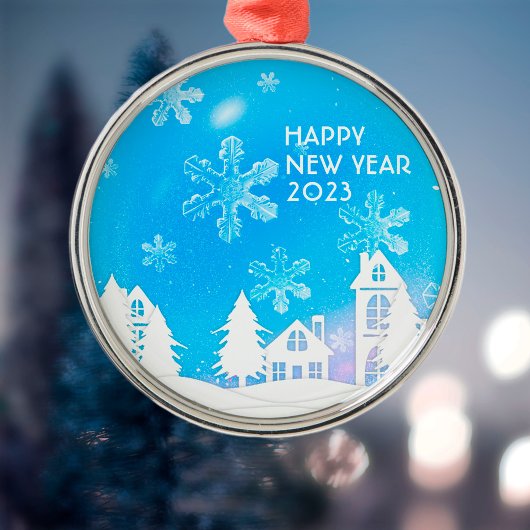Blue White Snow House Happy New Year 2023 Metalen Ornament