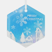 Blue White Snow House Merry kerst Glas Ornament (Voorkant)