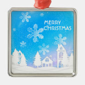 Blue White Snow House Merry kerst Metalen Ornament (Voorkant)
