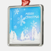 Blue White Snow House Merry kerst Metalen Ornament (Links)