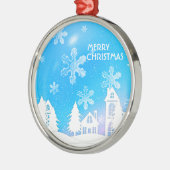 Blue White Snow House Merry kerst Metalen Ornament (Links)