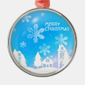 Blue White Snow House Merry kerst Metalen Ornament (Voorkant)