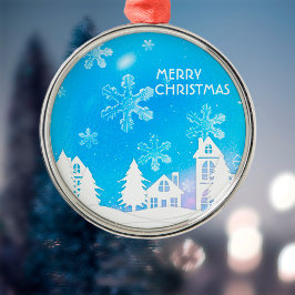 Blue White Snow House Merry kerst Metalen Ornament
