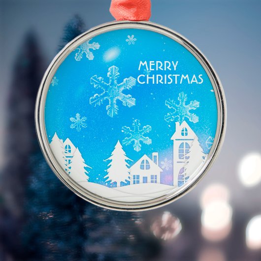 Blue White Snow House Merry kerst Metalen Ornament