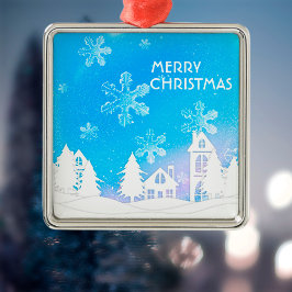 Blue White Snow House Merry kerst Metalen Ornament