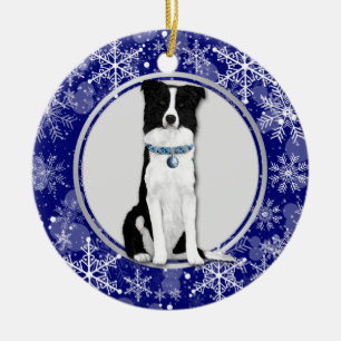 Blue White Snowflake Border Collie Kerstmis Keramisch Ornament