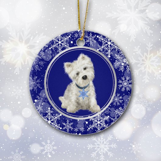 Blue White Snowflake Westie Kerstmis Keramisch Ornament