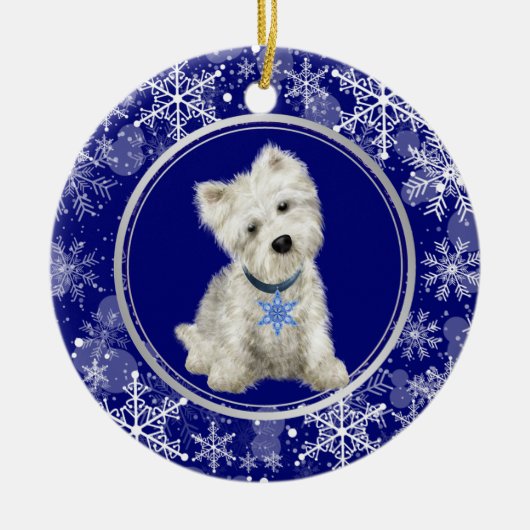 Blue White Snowflake Westie Kerstmis Keramisch Ornament (Voorkant)
