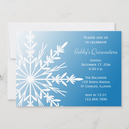 Blue White Snowflake Winter Quinceañera Uitnodigin Kaart (Voorkant)