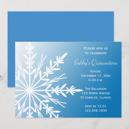 Blue White Snowflake Winter Quinceañera Uitnodigin Kaart (Voorkant / Achterkant)