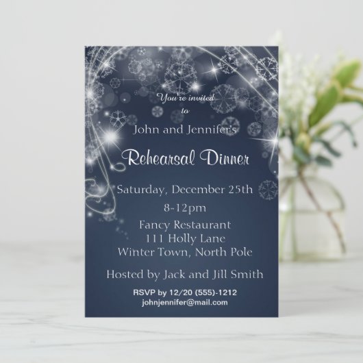 Blue White Snowflake Winter Rehearsal Dinner Kaart (Staand voorkant)