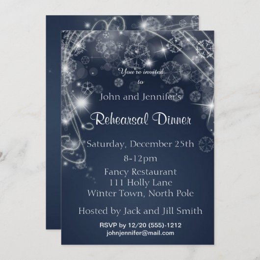 Blue White Snowflake Winter Rehearsal Dinner Kaart (Voorkant / Achterkant)