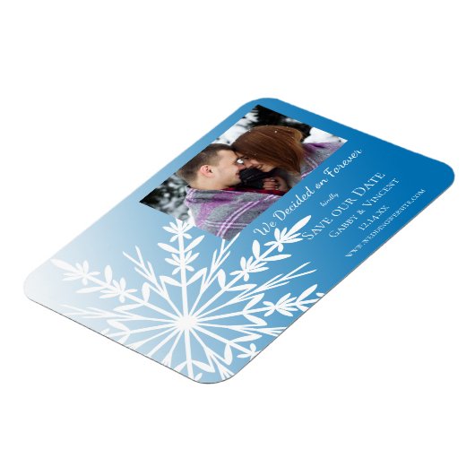 Blue White Snowflake Winter Wedding Save the Date Magneet (Linkerzijde)