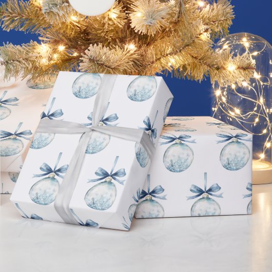 Blue White Snowflakes Bows Bulbs Christmas Cadeaupapier (Feestdagen)