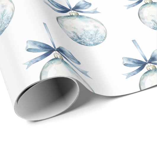 Blue White Snowflakes Bows Bulbs Christmas Cadeaupapier (Rol Hoek)
