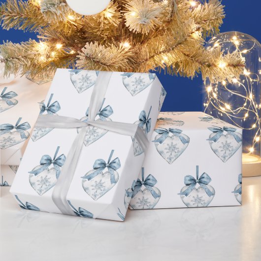 Blue White Snowflakes Bows Hearts Christmas Cadeaupapier (Feestdagen)