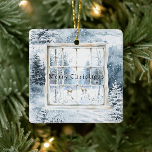 Blue White Snowflakes Deer Window Christmas Keramisch Ornament (Boom)