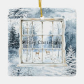 Blue White Snowflakes Deer Window Christmas Keramisch Ornament (Voorkant)