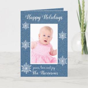 Blue White Snowflakes Holiday Photo Wenskaart Feestdagen Kaart