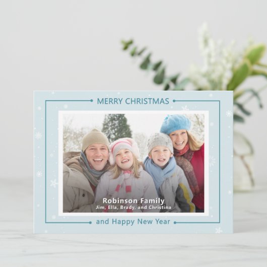 Blue White Snowflakes Winter Custom Photo Feestdagenkaart (Staand voorkant)