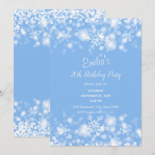 Blue White Sparkle Birthday Invitation Kaart (Voorkant / Achterkant)