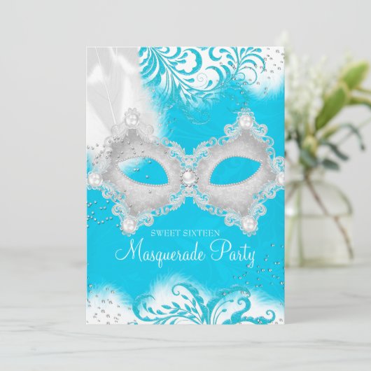 Blue White sparkle Mask Masquerade Sweet 16 Kaart (Staand voorkant)